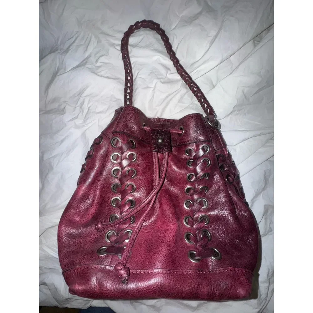 Patricia Nash Martina crossbody drawstring bag grommets and lacing burgundy red - Picture 12 of 12
